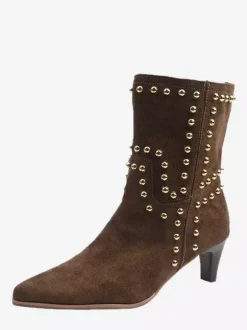 Bottines en daim pour femmes bout pointu cloutées talon épais