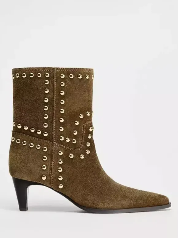 Bottines en daim pour femmes bout pointu cloutées talon épais