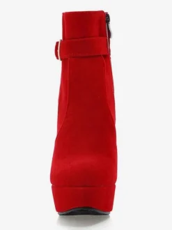 Bottines en daim rouge plateforme bout rond bottes à talons épais