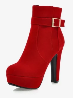 Bottines en daim rouge plateforme bout rond bottes à talons épais