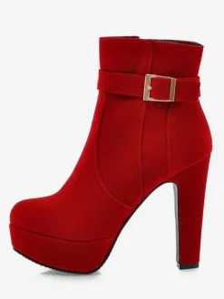 Bottines en daim rouge plateforme bout rond bottes à talons épais