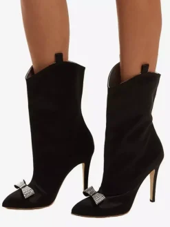 Bottines en satin à bout pointu et n艙ud pour femmes à talons hauts