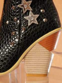 Bottines femme en cuir jaune bout pointu talon épais bottillons imprimé peau de serpent