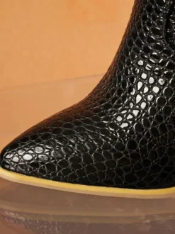 Bottines femme en cuir jaune bout pointu talon épais bottillons imprimé peau de serpent