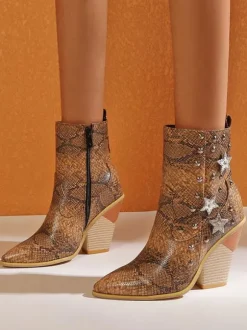 Bottines femme en cuir jaune bout pointu talon épais bottillons imprimé peau de serpent