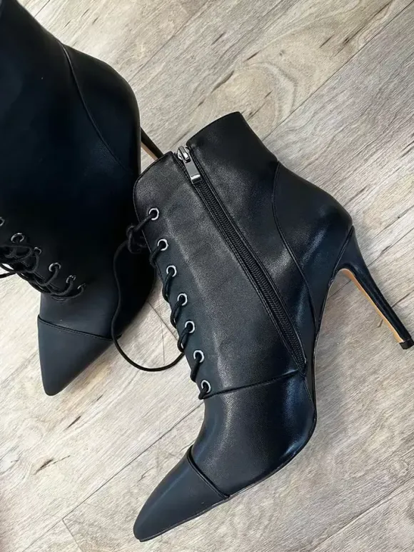 Bottines Noires À Lacets Bout Pointu Talon Aiguille Bottes Chaussures Femme