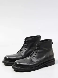 Bottines noires en cuir véritable bout rond lacets et fermeture éclair