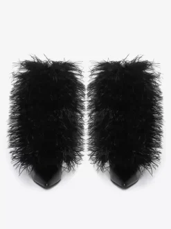 Bottines noires grande taille à talons hauts et bout pointu en fausses plumes