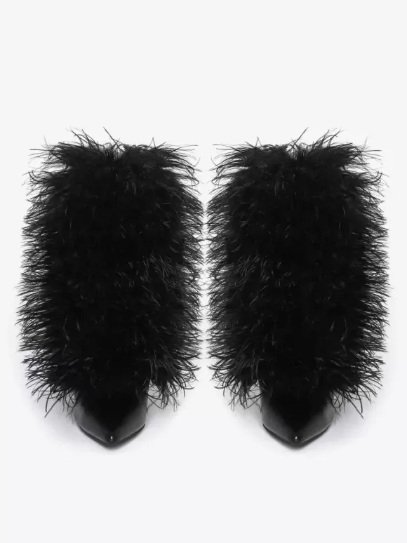 Bottines noires grande taille à talons hauts et bout pointu en fausses plumes