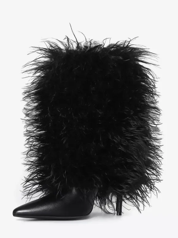 Bottines noires grande taille à talons hauts et bout pointu en fausses plumes