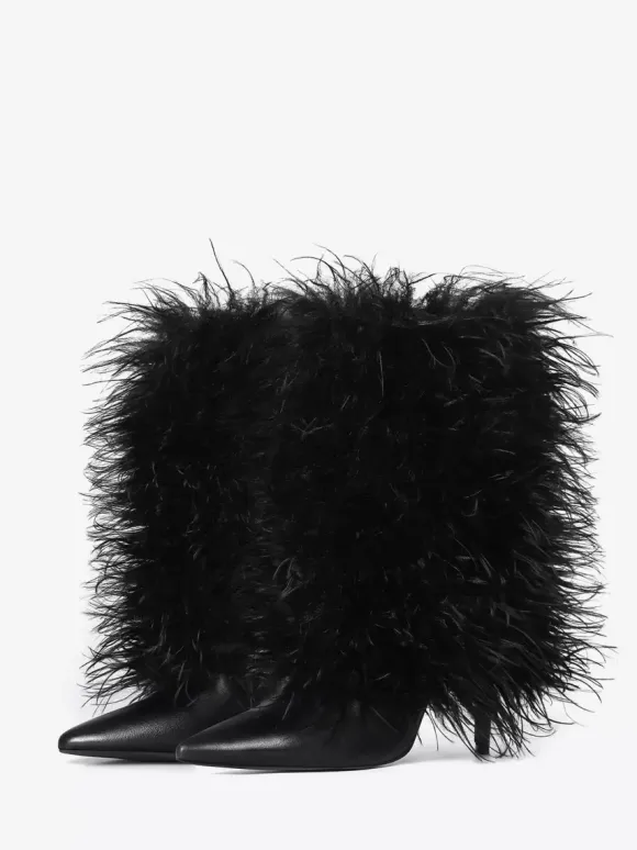 Bottines noires grande taille à talons hauts et bout pointu en fausses plumes