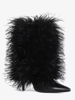 Bottines noires grande taille à talons hauts et bout pointu en fausses plumes