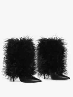 Bottines noires grande taille à talons hauts et bout pointu en fausses plumes