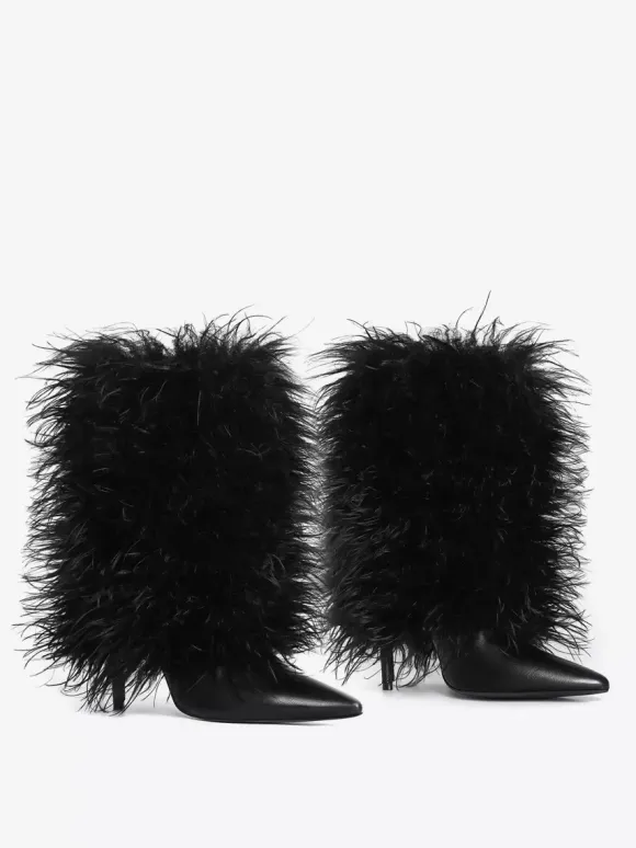 Bottines noires grande taille à talons hauts et bout pointu en fausses plumes
