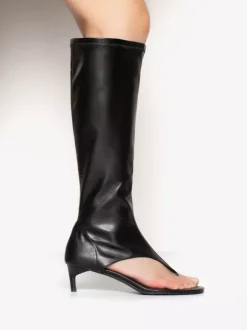 Bottines noires mi-mollet à bout ouvert et talon chaton style tong pour femmes
