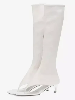 Bottines noires mi-mollet à bout ouvert et talon chaton style tong pour femmes