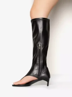 Bottines noires mi-mollet à bout ouvert et talon chaton style tong pour femmes