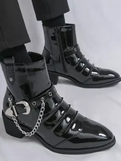Bottines noires pour homme bout rond froncées avec détail chaîne