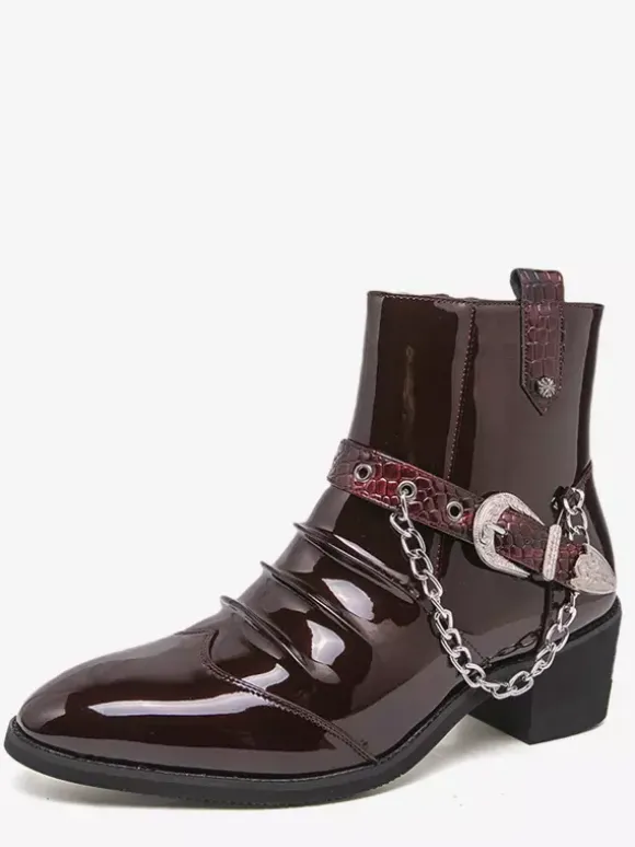 Bottines noires pour homme bout rond froncées avec détail chaîne