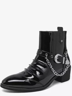 Bottines noires pour homme bout rond froncées avec détail chaîne