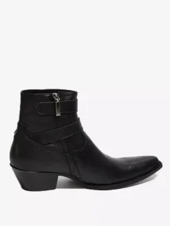 Bottines noires pour homme bout rond boucle talon épais style cowboy