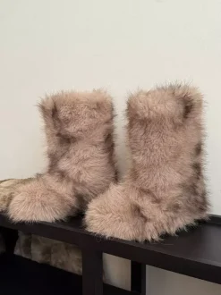 Bottines plates à bout rond en fausse fourrure pour femmes