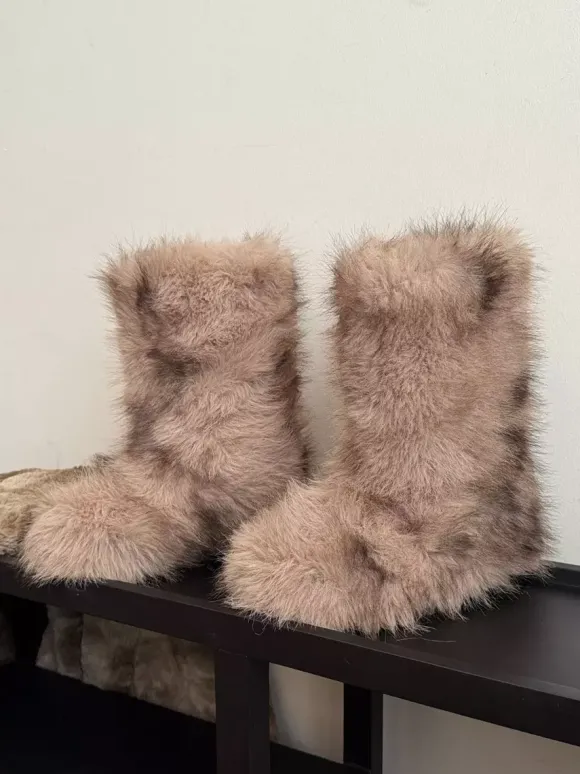 Bottines plates à bout rond en fausse fourrure pour femmes