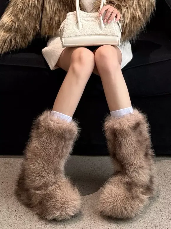 Bottines plates à bout rond en fausse fourrure pour femmes