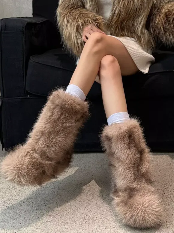 Bottines plates à bout rond en fausse fourrure pour femmes