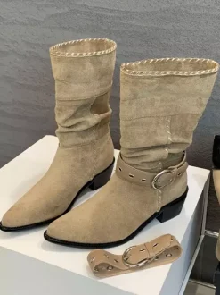 Bottines plates en daim pour femmes bout pointu avec boucle