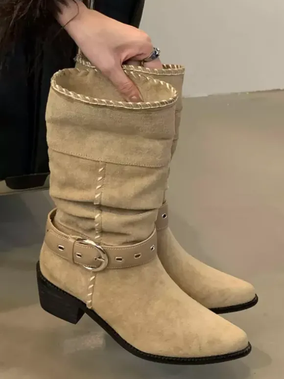 Bottines plates en daim pour femmes bout pointu avec boucle