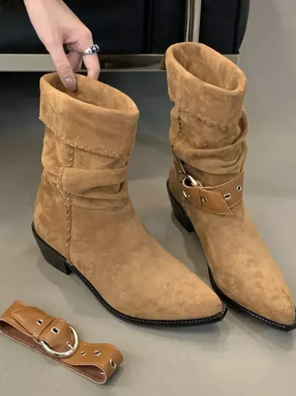Bottines plates en daim pour femmes bout pointu avec boucle