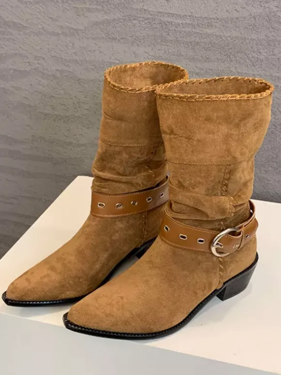 Bottines plates en daim pour femmes bout pointu avec boucle