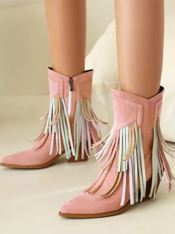 Bottines pour femme en daim à bout pointu style cowgirl avec pompons