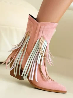Bottines pour femme en daim à bout pointu style cowgirl avec pompons