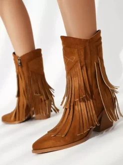 Bottines pour femme en daim à bout pointu style cowgirl avec pompons