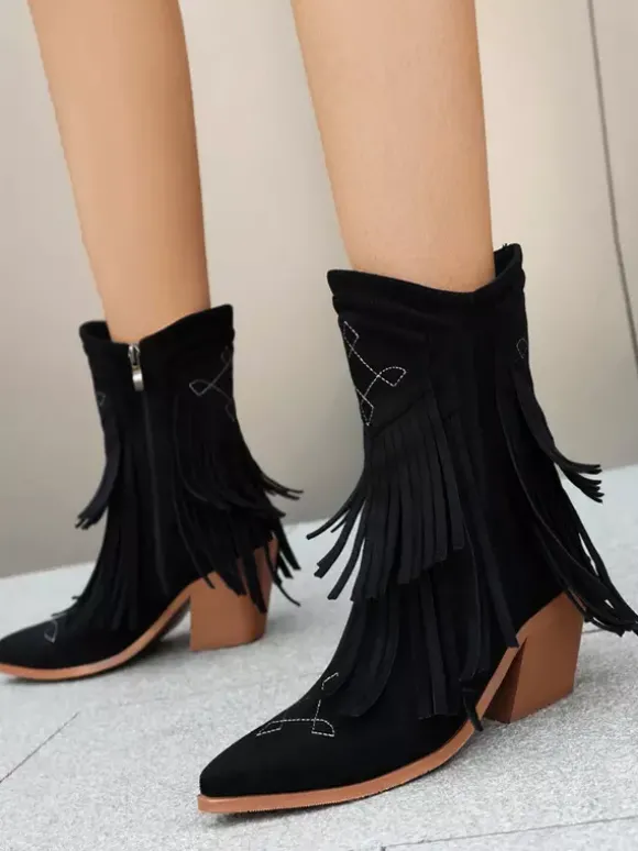 Bottines pour femme en daim à bout pointu style cowgirl avec pompons