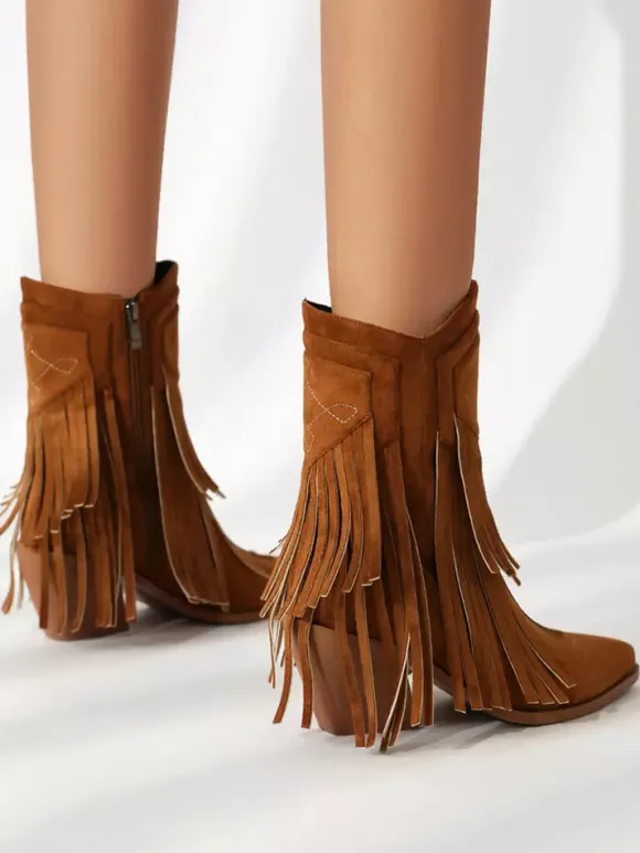 Bottines pour femme en daim à bout pointu style cowgirl avec pompons