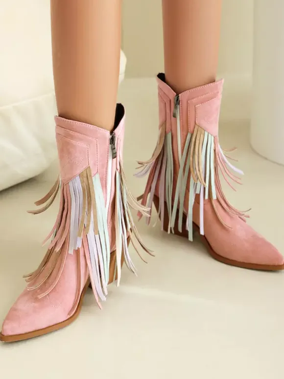 Bottines pour femme en daim à bout pointu style cowgirl avec pompons