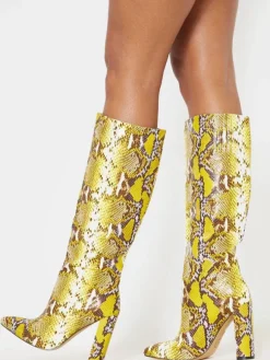 Bottines pour femmes  bout pointu  talon épais  bottes au genou en cuir PU jaune