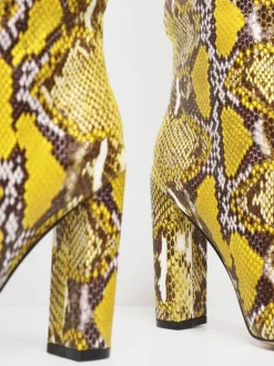 Bottines pour femmes  bout pointu  talon épais  bottes au genou en cuir PU jaune