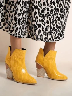Bottines pour femmes en cuir bleu bout pointu talon épais bottines à imprimé peau de serpent