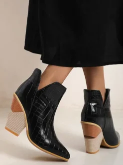 Bottines pour femmes en cuir bleu bout pointu talon épais bottines à imprimé peau de serpent