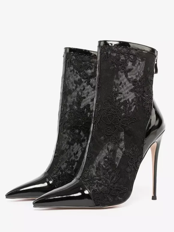 Bottines pour femmes en dentelle noire chaussures de mariage à talons hauts