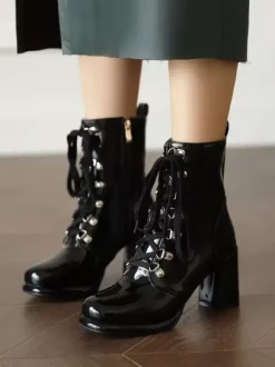Bottines rouges à bout rond et talon épais pour femmes