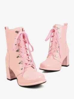 Bottines rouges à bout rond et talon épais pour femmes
