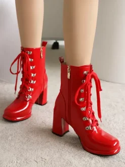 Bottines rouges à bout rond et talon épais pour femmes