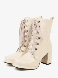 Bottines rouges à bout rond et talon épais pour femmes