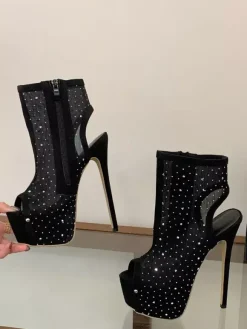 Bottines sexy pour femmes plateforme en résille bout ouvert strass talons hauts