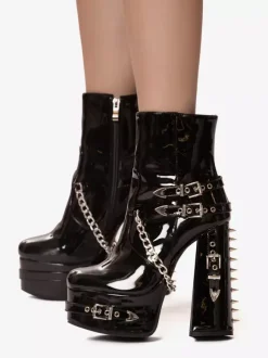 Bottines vernies à bout rond en PU pour femmes